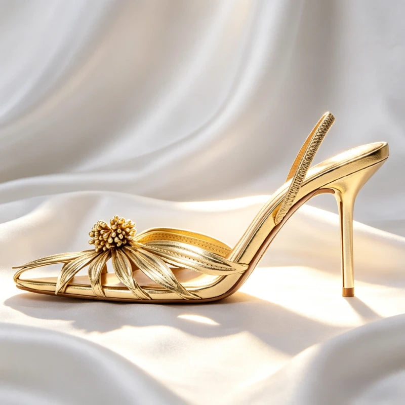 Maxy Luxury Gold Floral Detail Slingback Heels Women Unique Laminated Effect Design Pointed-Toe Heel Sandals Elegant Party Dress Shoe