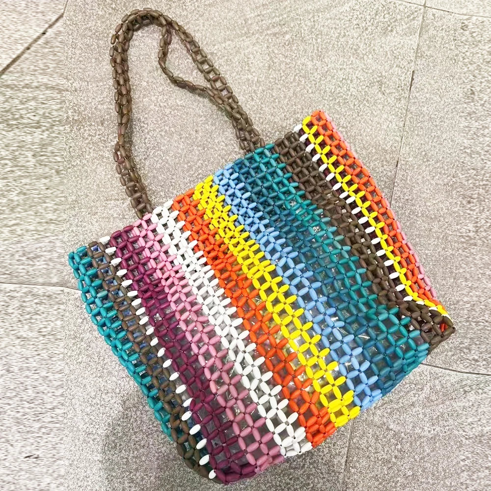 Maxy Beach Rainbow Hollow Tote Bags for Women Luxury Designer Handbags And Purses New In Wood Hand-Woven Large Capacity Shoulder