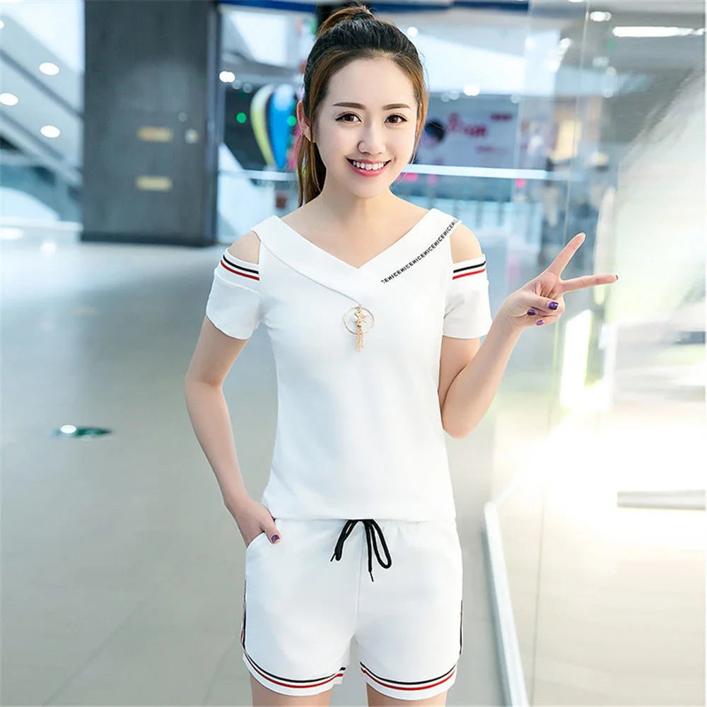 Summer Tracksuits Womens Two Peices Set Leisure Outfits Off Shoulder T-shirts High Waist Shorts Candy Color Clothing S-3XL