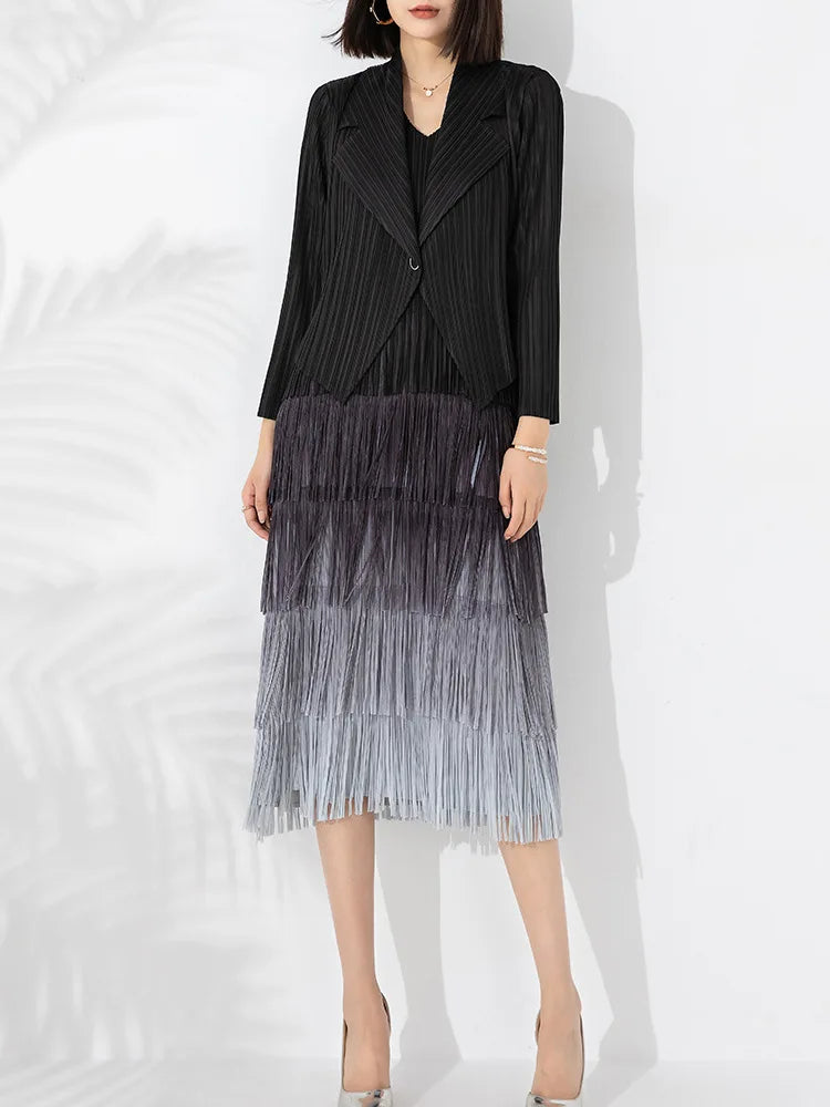 Maxy Boutique MIYAKE Pleated Style Set Large Gradient Color Overlay with Tassel Dress and Suit Small Coat Two Pieces [20230416]