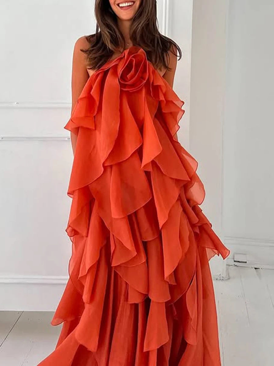 Maxy TWOTWINSTYLE Solid Spliced Ruffles Elegant Dresses for Women Halter Sleeveless High Wasit Backless Loose Dress Female Fashion