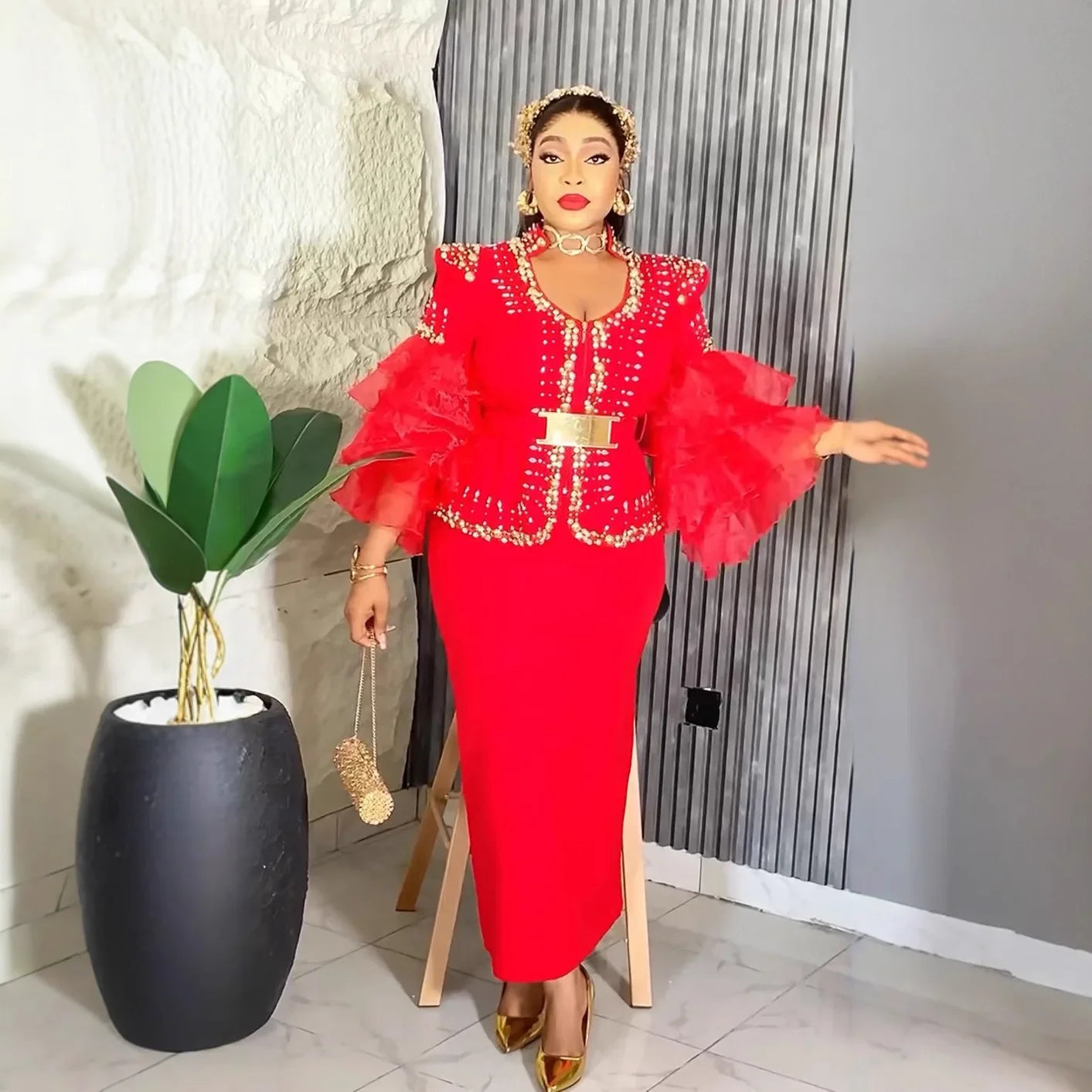 Amay Women Plus Size Evening Dresses Luxury Dress Elegant Sequins Diamonds Wedding Party Long Dress Ankara Ladies Clothing