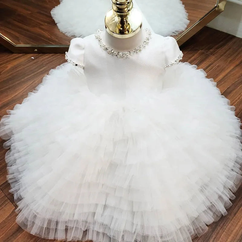 Amay Baby Girls White Lace Princess Tutu Dress Kids Infant Layered Tulle Dress Ball Gown Children Birthday Party Christmas Dresses