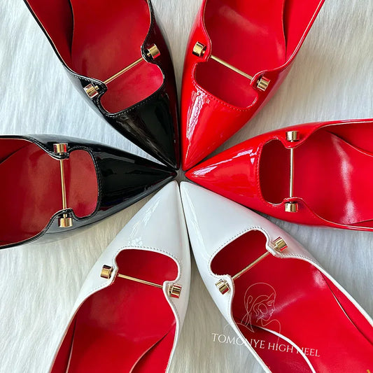 Amay Free Shipping Black White Red Patent Leather Shallow Metal Hollow Out Open Toed Women Lady Hot Sale 120mm High Heel Shoes Pump