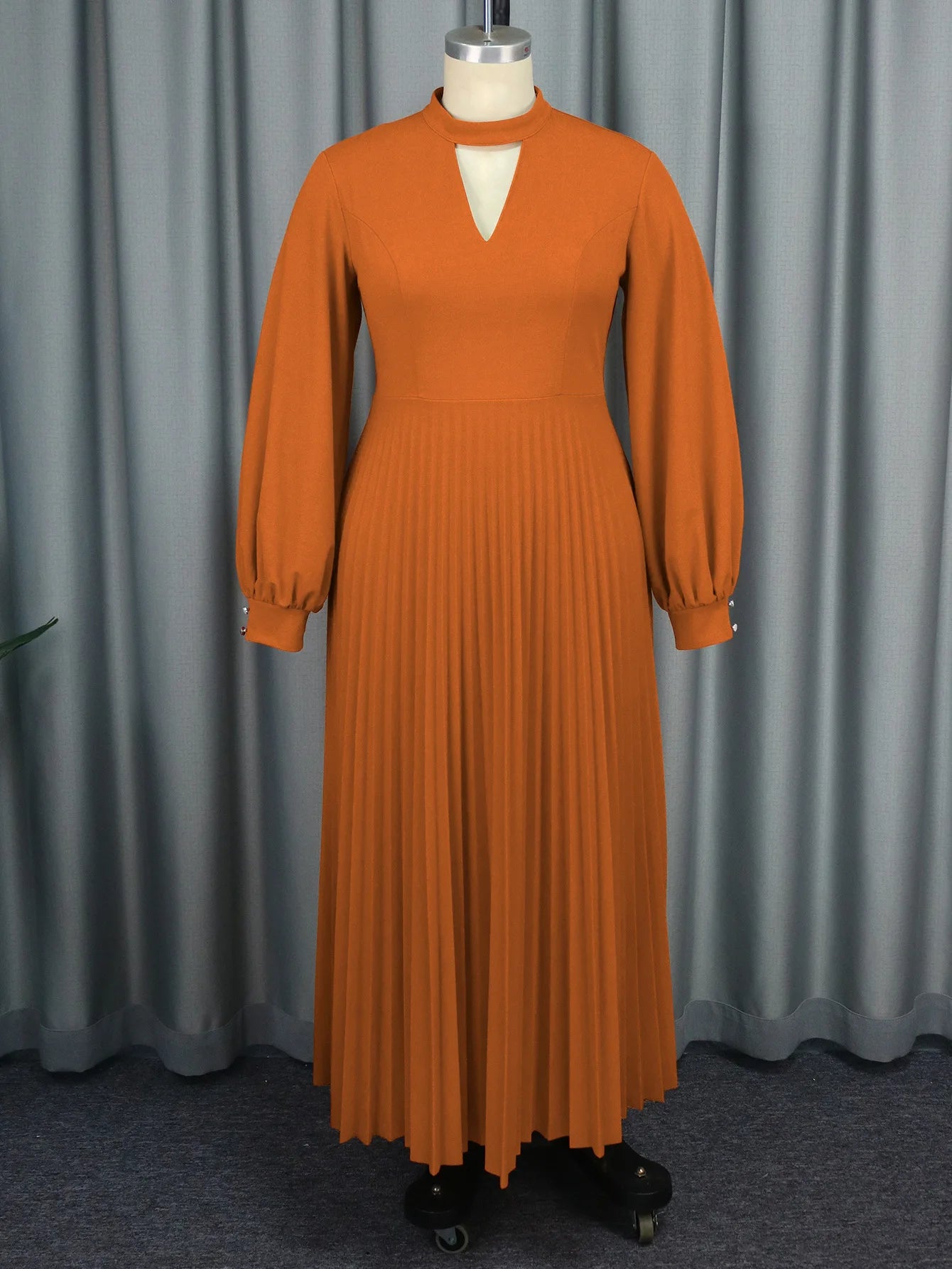 Maxy high-end hollow out small stand up collar party dress autumn lantern sleeve pleated dress