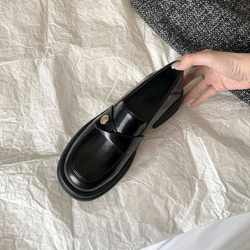 Amay Loffer Shoes Women's Brand Autumn/Winter New Genuine Leather Small Gold Coin Single Shoes Thick Sole Small Leather Shoes