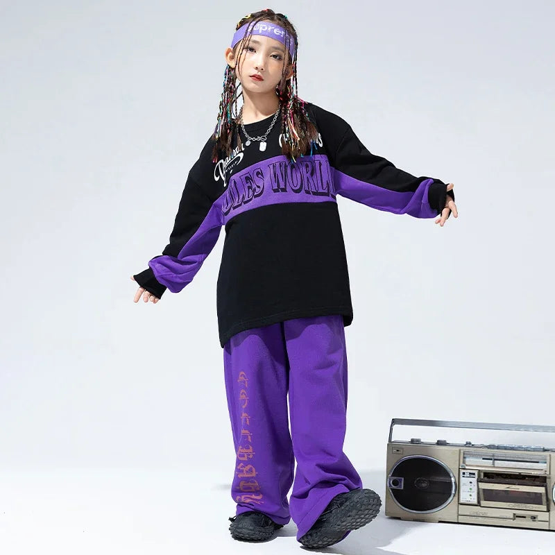 Maxy Kids Hip Hop Clothing Oversized Sweatshirt Top Purple Casual Wide Sweat Pants for Girl Boy Jazz Streetwear Dance Costume Clothes