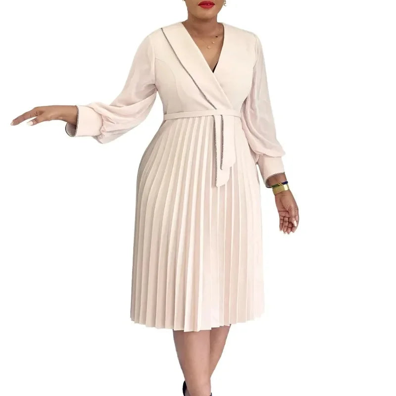 Maxy Elegant A-line Dress Women's Luxury V-neck Long Sleeved Pleated Mid Waist African Fashion Women's Birthday Party Dresses