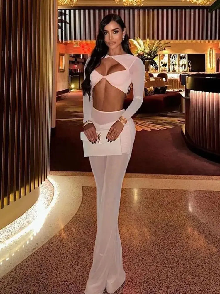 Maxy Summer New Women 2 Pieces Set Fashion Street Wear Long Sleeved Hollow Out Design Crop Top & Trousers Suit