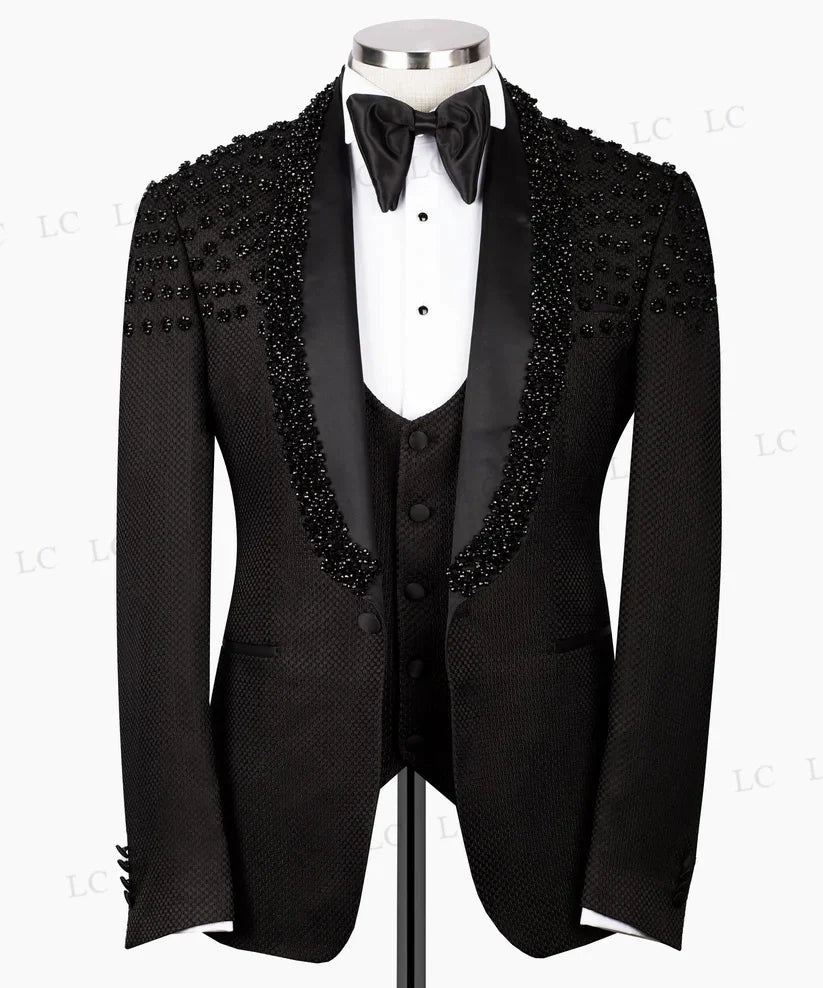 Babs Shiny Black Men Suits 3 Pieces Blazer Vest Pants Sheer Lapel Crystals Beadings Prom  Formal Wedding Groom Plus Size Tailored