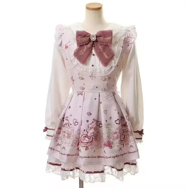 2025 Japanese Sweet Lolita Kawaii Dress Women Spring Printed Bow Fake Two Piece Dress Female Korea Style Design Party Clothing