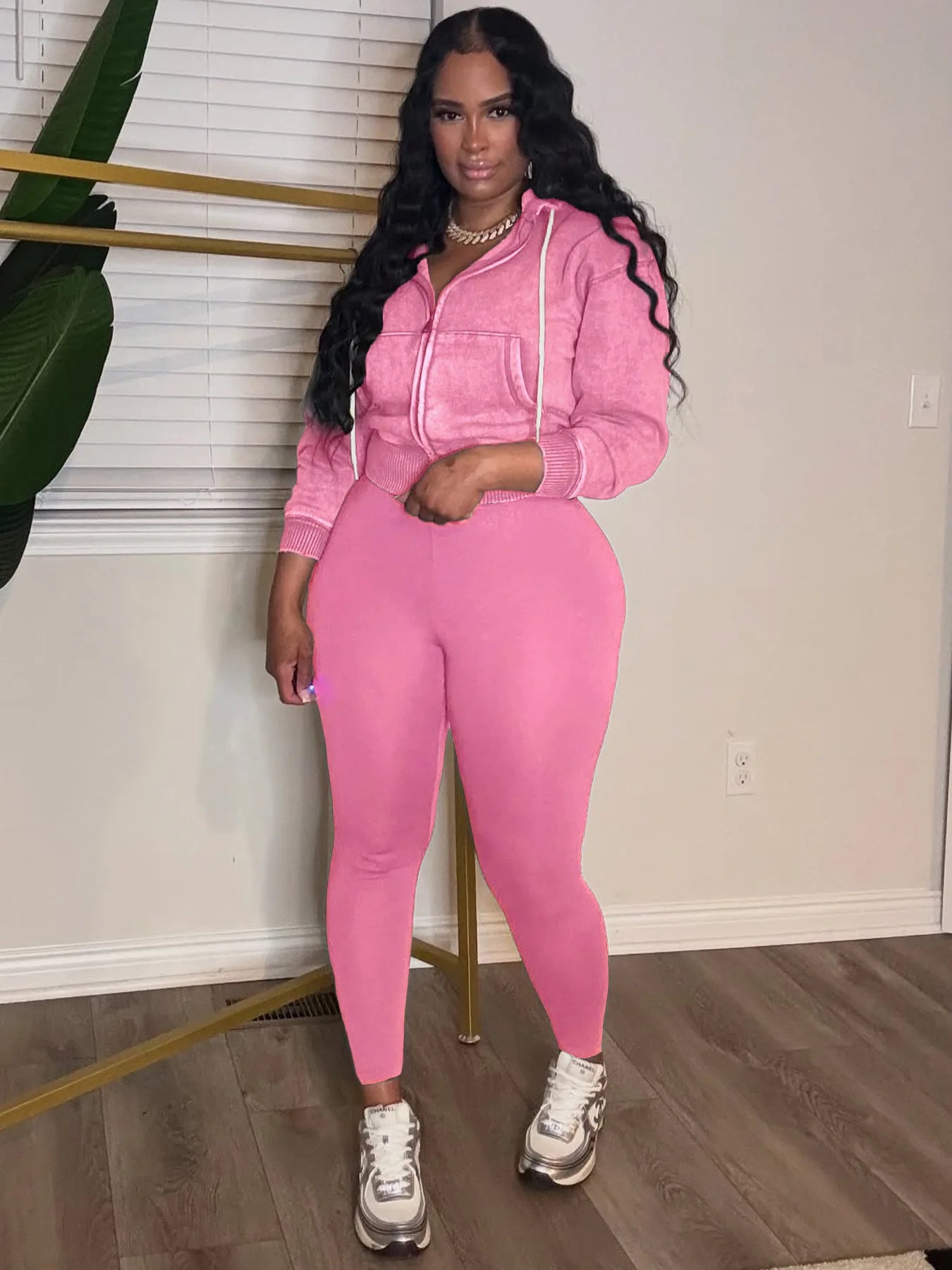 Maxy Koilu Casual Sporty 2 Piece Set Woman Autumn Trend Washed Style Drawstring Hooded Jacket+Solid Yoga Pants Daily Simple Tracksuit