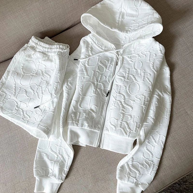 Maxy New Letter Printing Sets For Women 2 Pieces Zipper Long Sleeve Hooded And Drawstring Shorts Tracksuits Women's Suit Outfit