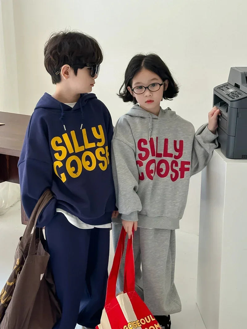 Maxy 2024 Autumn Children's Hoodies Set 2-8 Y Boys Tracksuit Girls Simple Letter Sweatshirt and Pants 2Pcs Kids Sports Wear