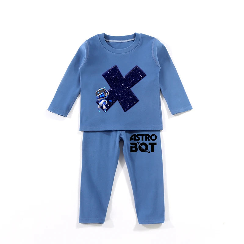 Maxy Astro Bot Kids Pajamas Set Anime Printed Letter Autumn Winter Warm Shirt Tops Boys Girls Children Clothing Nightshirt Gift