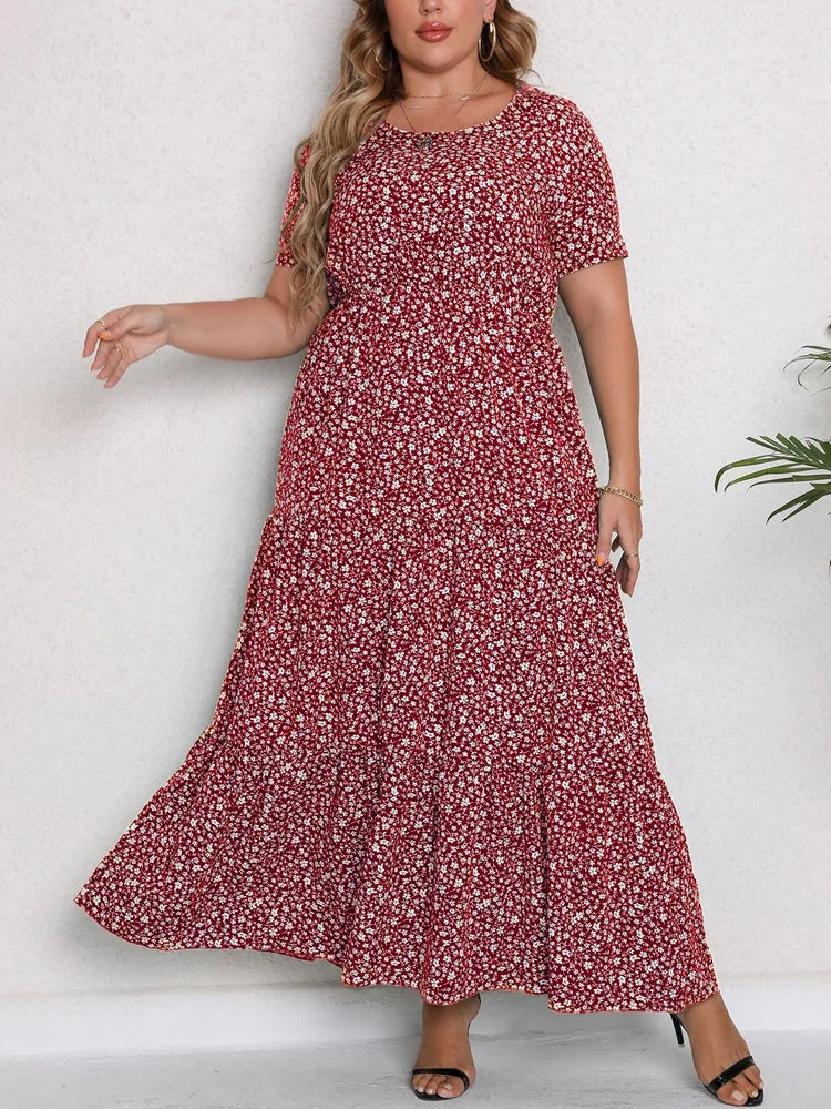 Gacy Plus Size O-Neck Ditsy Floral Ruffle Hem Dress Women Summer Short-sleeved Vacation Bohemian Beach Maxy Long Dresses