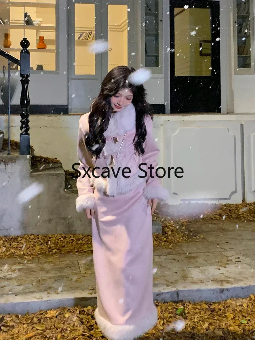 Autumn Retro Faux Fur 2 Piece Skirt Set Women Casual Y2k Vintage Blazers Jacket Coats + Skirts Japanese Kawaii Suit Chic Outfits