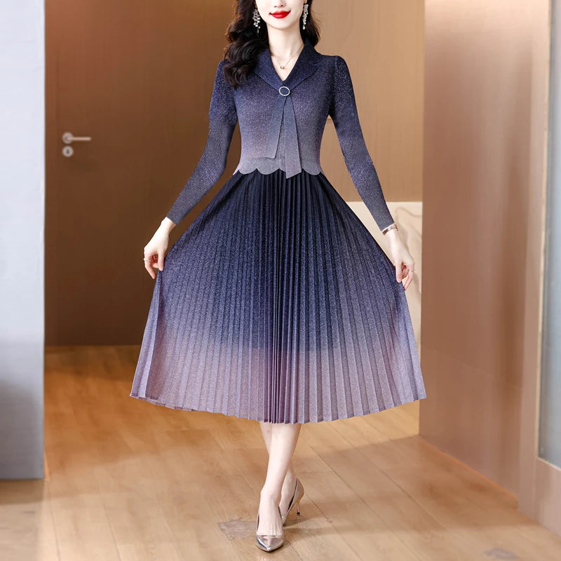 Maxy Wrinkled Autumn Starry Sky Color Matching Slimming Dress Women's High-end Versatile Ribbon Skirt Miyake Maxy Dress