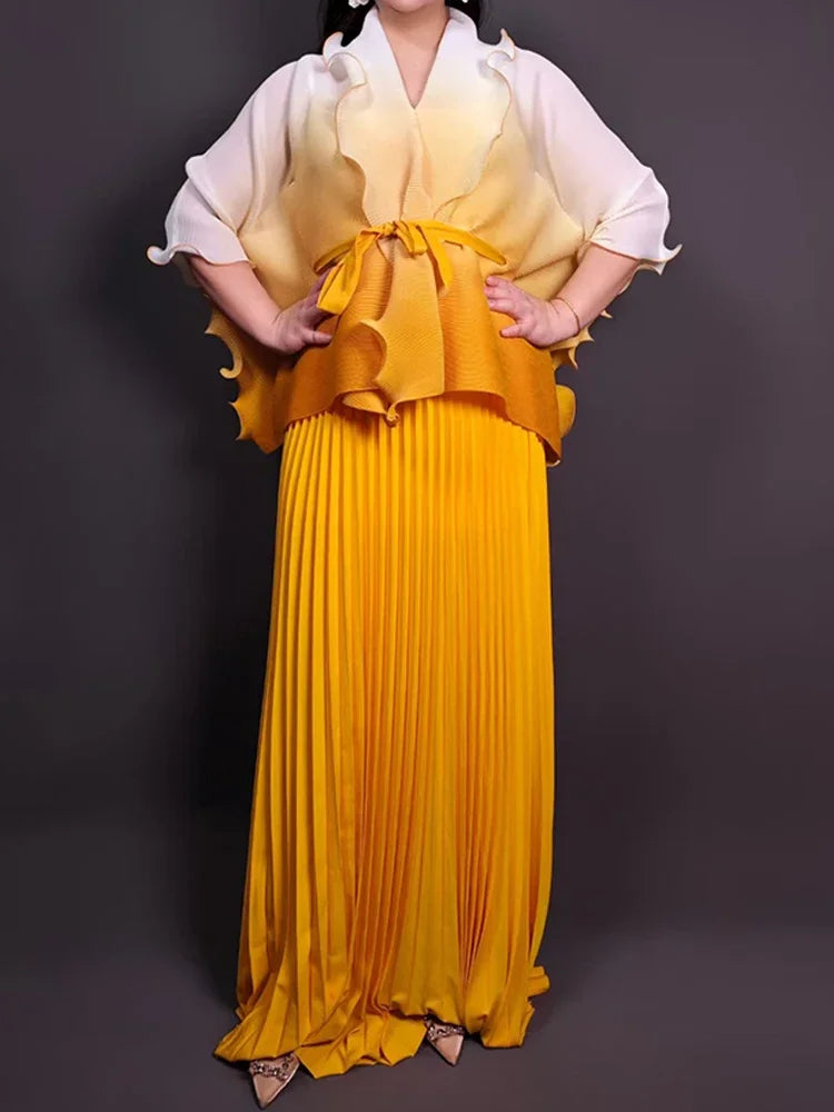 Amay Gradient Pleated Fashion 2 Piece Sets Belt Waist Batwing Sleeves Ruffles Tops A-line Long Dresses Elegant Party Set 32R1391