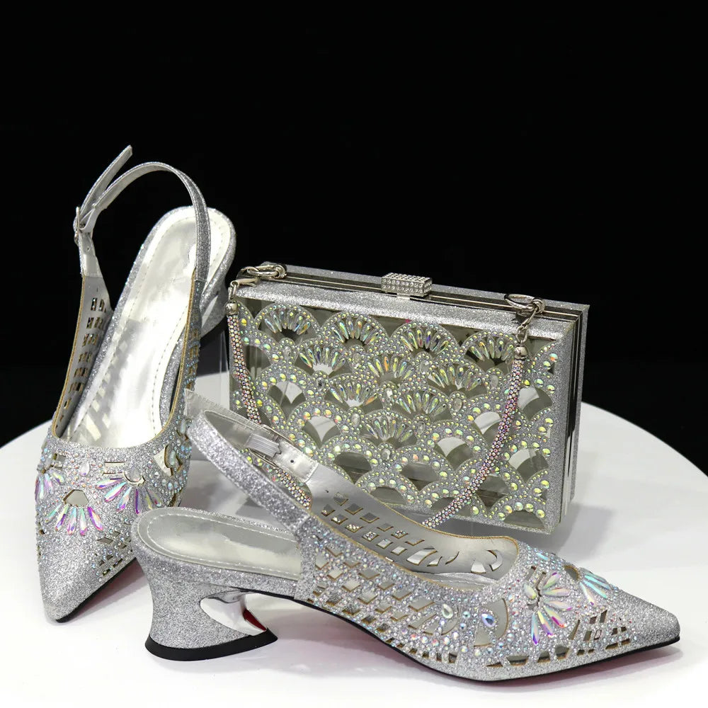 Maxy New Arrival African Pumps Shoes and Bag to Match Set Italian Summer Decorated With Rhinestone Ladies Shoes With Party Bag Set