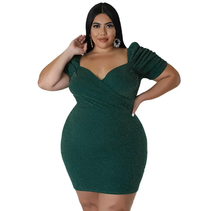 KEXU Sexy Glitter Plus Size Dresses Ruched Short Sleeve V Neck Slim Elegant Lady Party Dress Large Size Women's Evening Dress