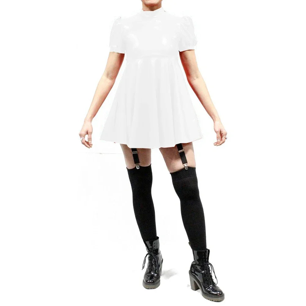Maxy Plus Size Latex-look Mini Dresses Fashion Mock Neck Pleated A-Line Sissy Dress Rave Party Swing Short Dresses Male PVC Vestidos