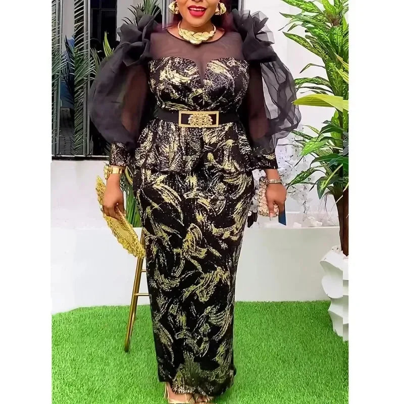 Amay Dresses for Women New Fashion Plus Size Sequin Evening Party Long Dress Dashiki Ankara Outfits Robe African Clothes