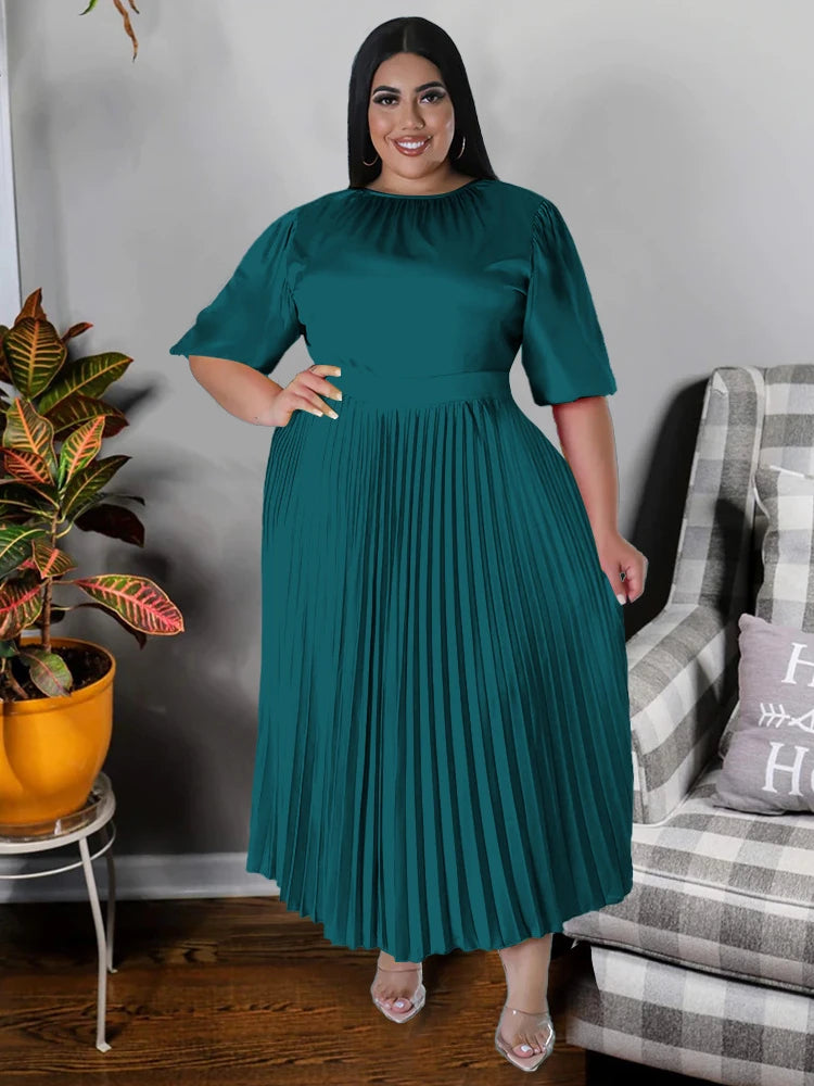 Maxy Pleated Dresses for Women Plus Size 4XL O Neck Short Sleeve A Line Summer Elegant Causal Office Wear Clubwear Plus Size Gowns