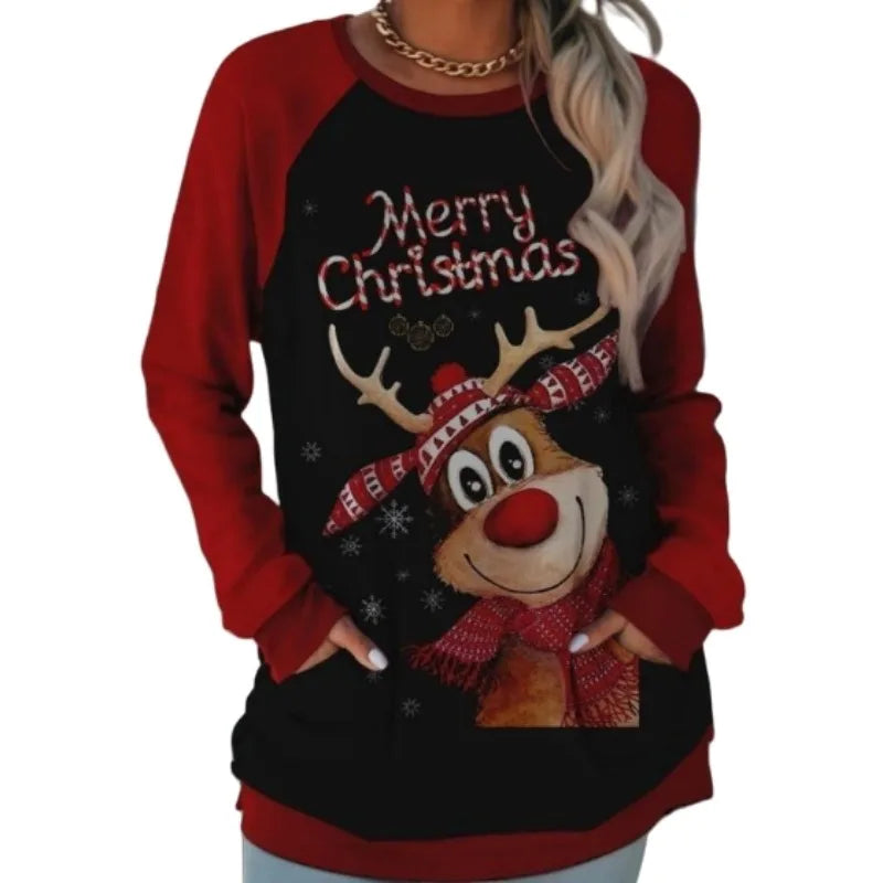 New Fashionable Hot Selling Plus Size Women's Christmas Print Colour Blocking Comfortable Sweatshirt with Pockets