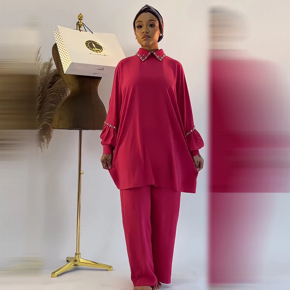 Maxy African Women's Spring Summer Long Sleeved Shirt collar Loose Top High Waist Long Pants Hot Diamond Casual Two 2 Pieces Set 2025