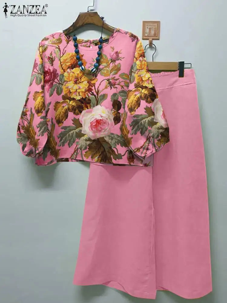 Maxy ZANZEA Summer Vintage Floral Printed Blouse Pants Sets Two Piece Sets Womens Outifits Bohemian Wide Leg Trousers Suits Tracksuit
