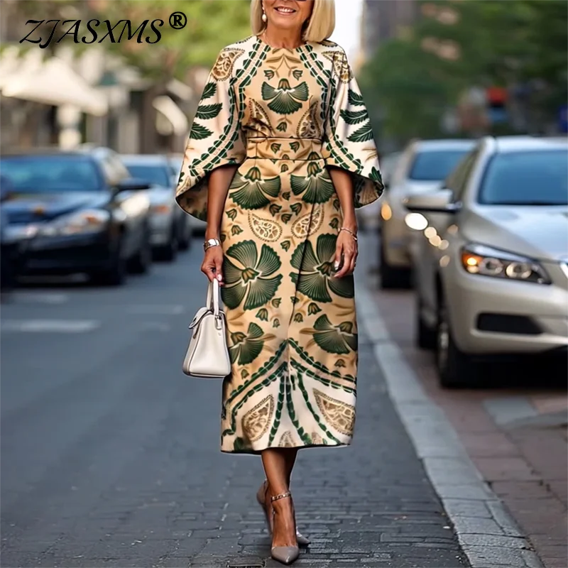 Maxy Bohemian Fashion Sheath Half Sleeve Dress Summer High Waist Pattern Print Vintage Dress Elegant Casual O Neck Evening Dress