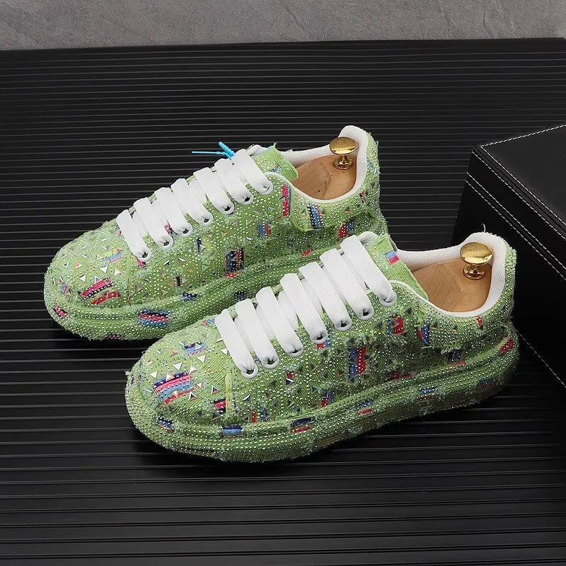 Visco European Rhinestone Thick Soled Casual Sport Shoes Men's Spring Summer Fashion Luxury Sneakers Youth Male Flats Outdoor Derby