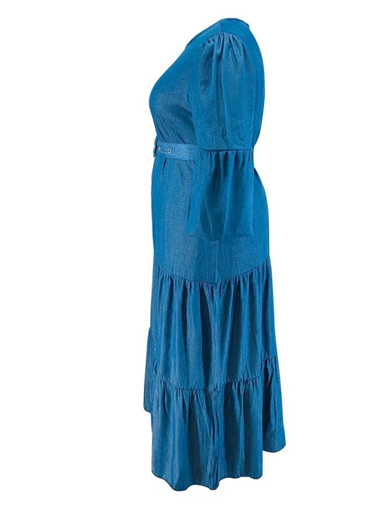 Maxy Plus Size Denim Dresses for Women Solid Long Sleeve Fashion Elegant New Maxy Dress with Bandage