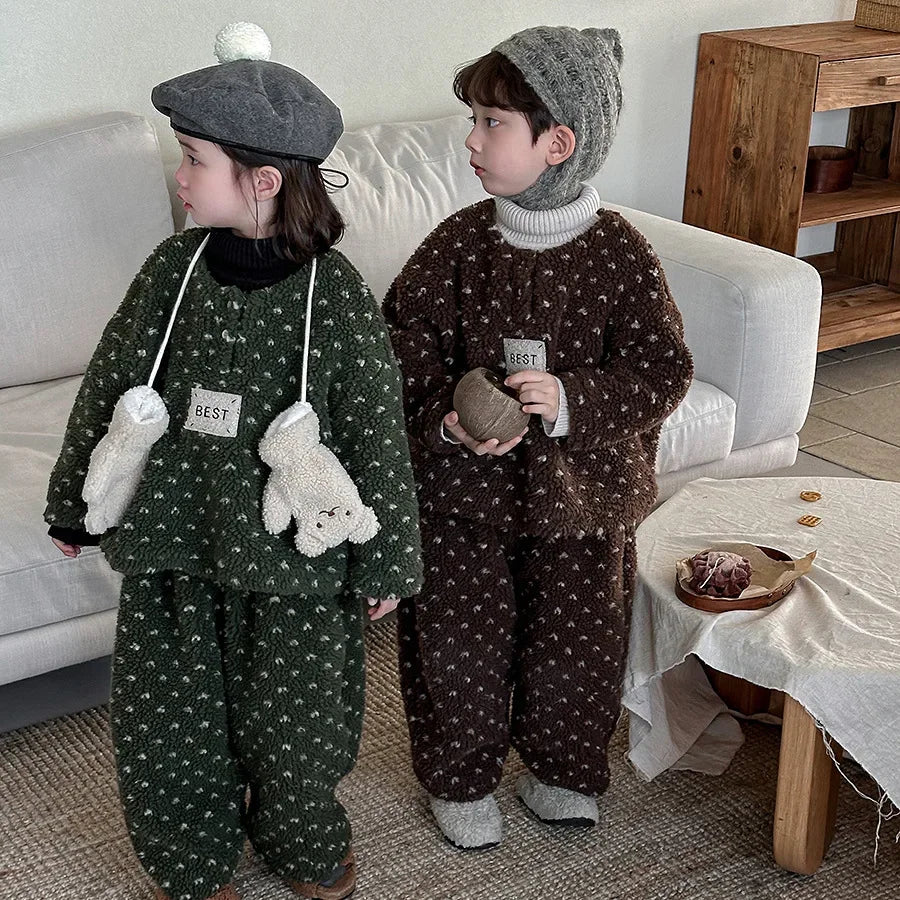 Maxy Girls Suits Children Winter Lamb Wool and Fleece Hoodie Boys Girls Baby Thick Bloomers Two-piece Set Korean Simple Style
