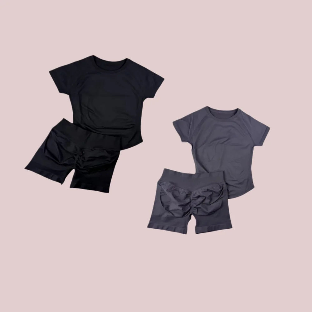 Maxy New Four Seasons 2-piece Sports Set Short Sleeve Round Neck Seamless Indoor Yoga Top Boxing Fitness Running Shorts Sports Set