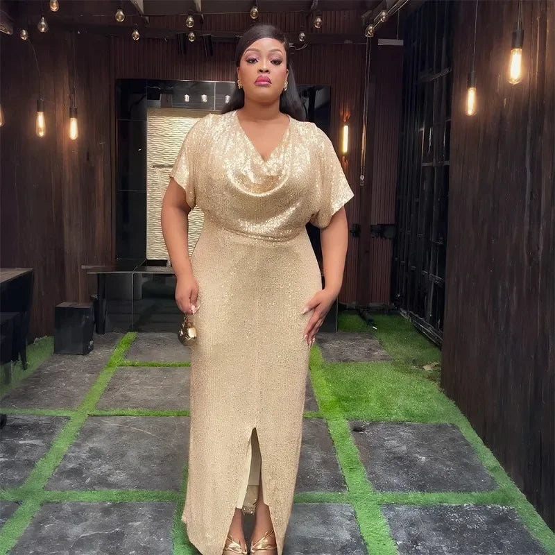 Maxy Plus Size L-3XL Fashion Evening Party Maxy Long Dresses African Glitter Large Size V Neck Women's Dress