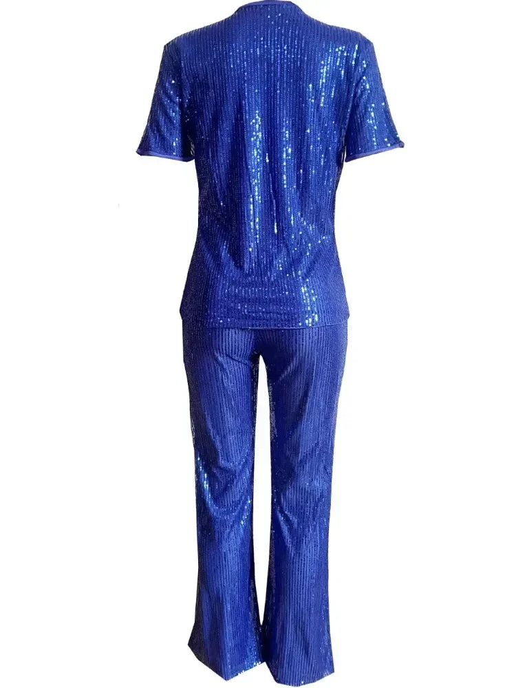 Maxy Autumn Casual Sequin Two Piece Set for Women Fashion Solid Short Sleeved Tshirt Wide Leg Pants Sequin Two Piece Set Women