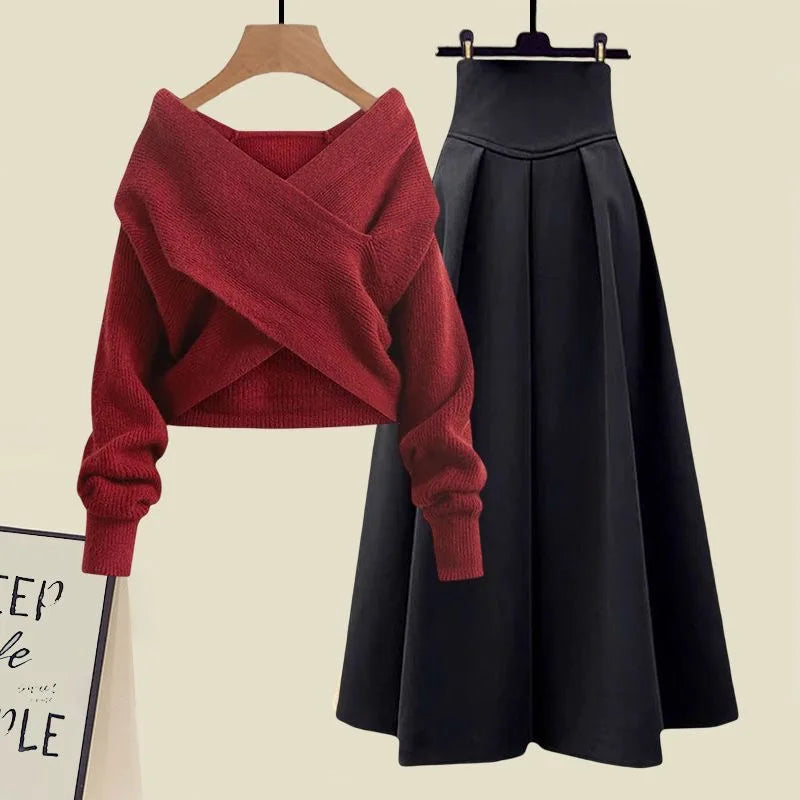 Maxy Style Autumn New Chest Cross Knitted Sweater Pullover Pleated Half Skirt Two-piece Set Fashionable Women's Skirt Set