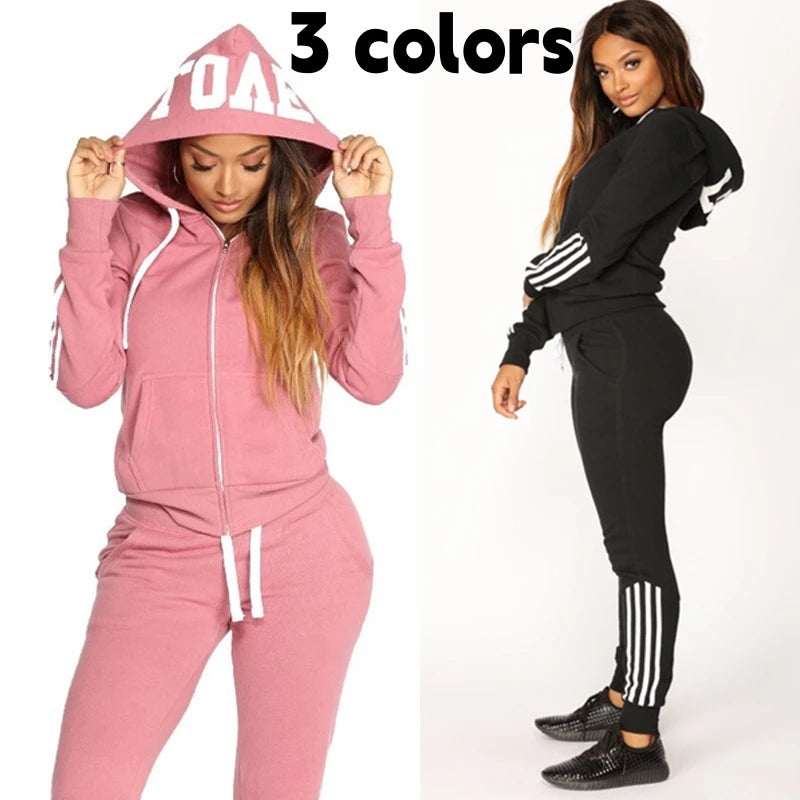 Maxy Women's striped sportswear two-piece casual long sleeved full zippered hoodie and pants sportswear set