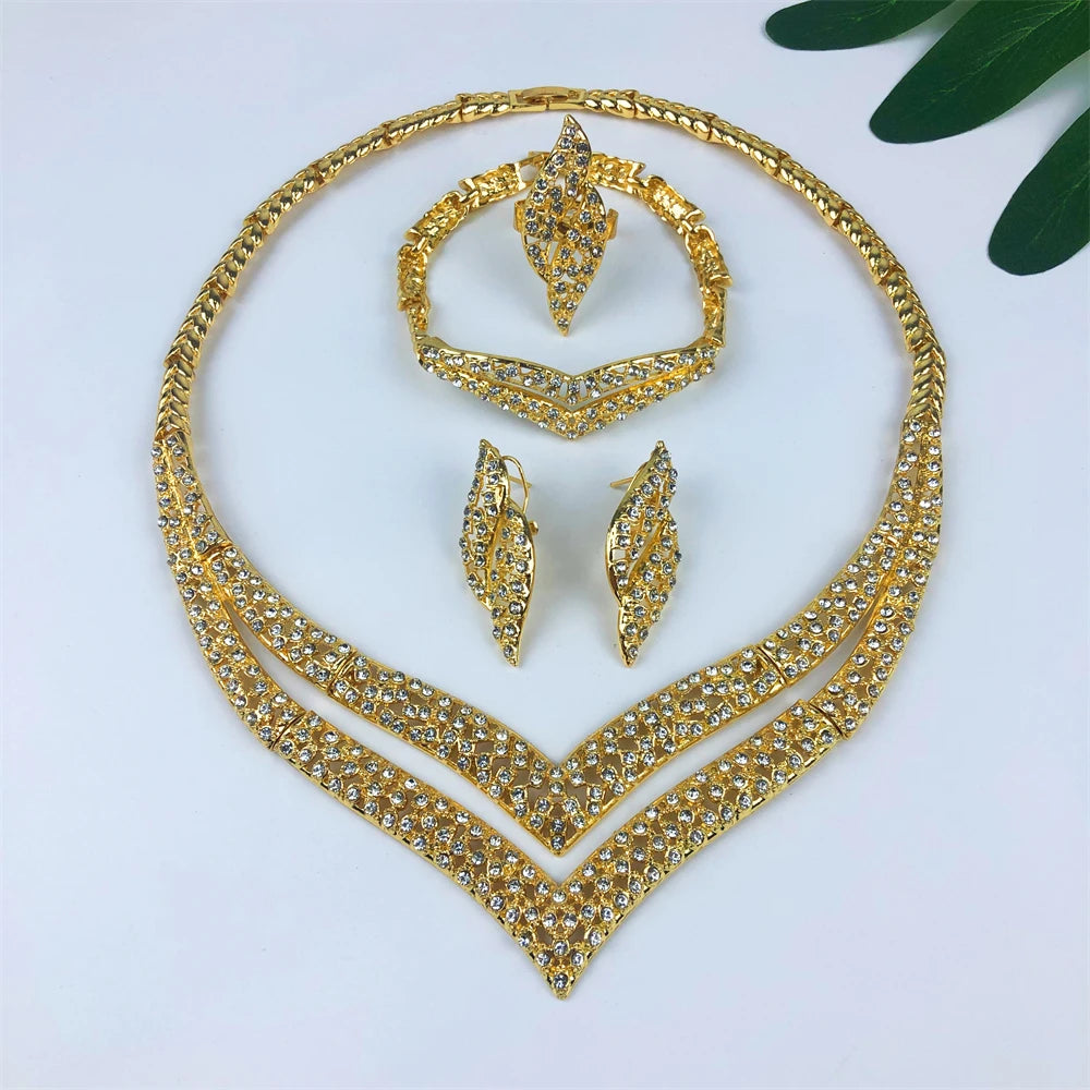 Maxy jewelry For Women Fashion Crystal Jewelry Set 18k Gold Plated Rhinestone Clear Crystal Necklace Earrings Accessories Gifts