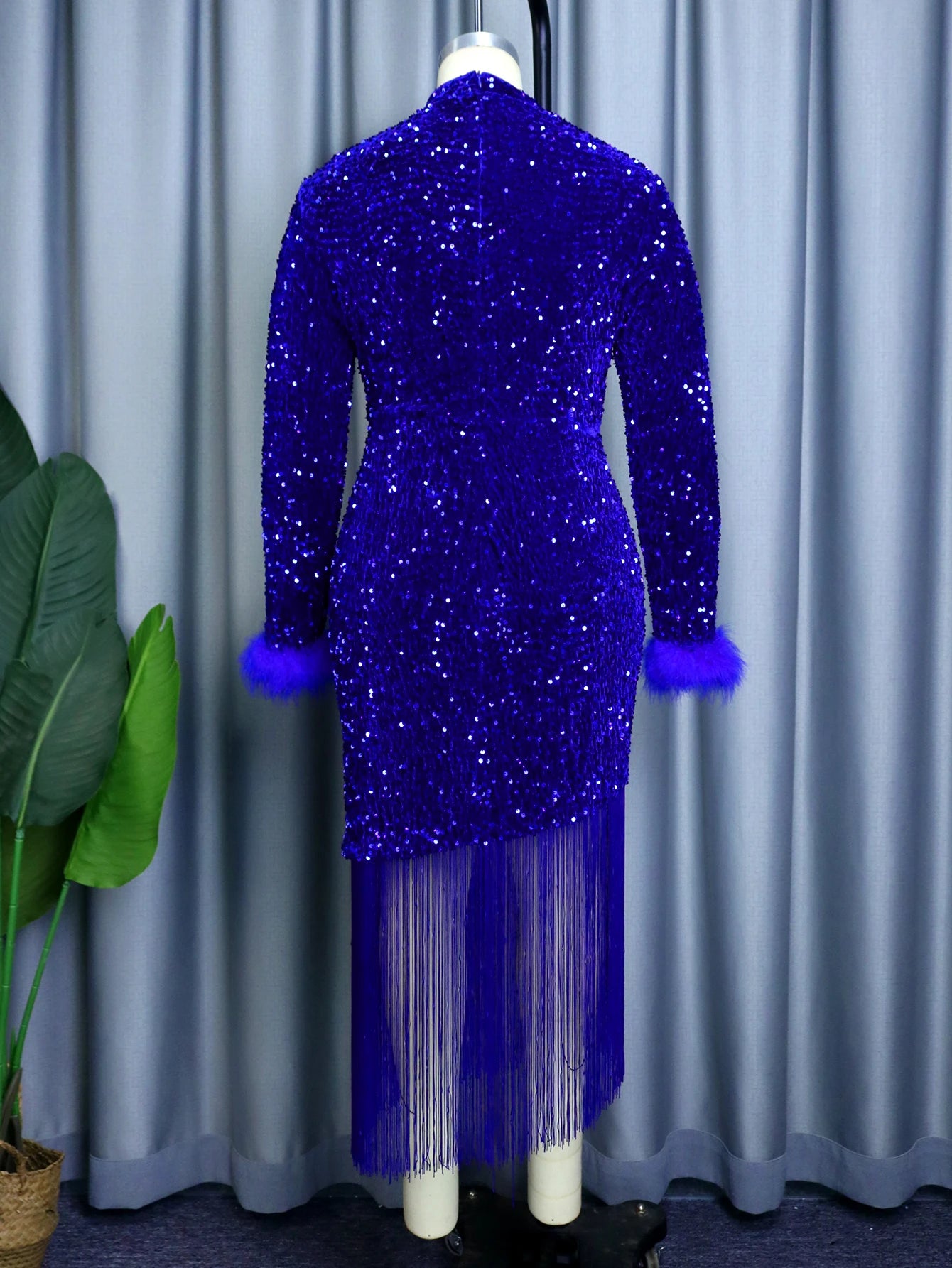 Women Blue Shiny Velvet Christmas Party Dress Sequins Long Sleeve Feather Tassel Bodycon Celebrate Occasion Birthday Gowns New