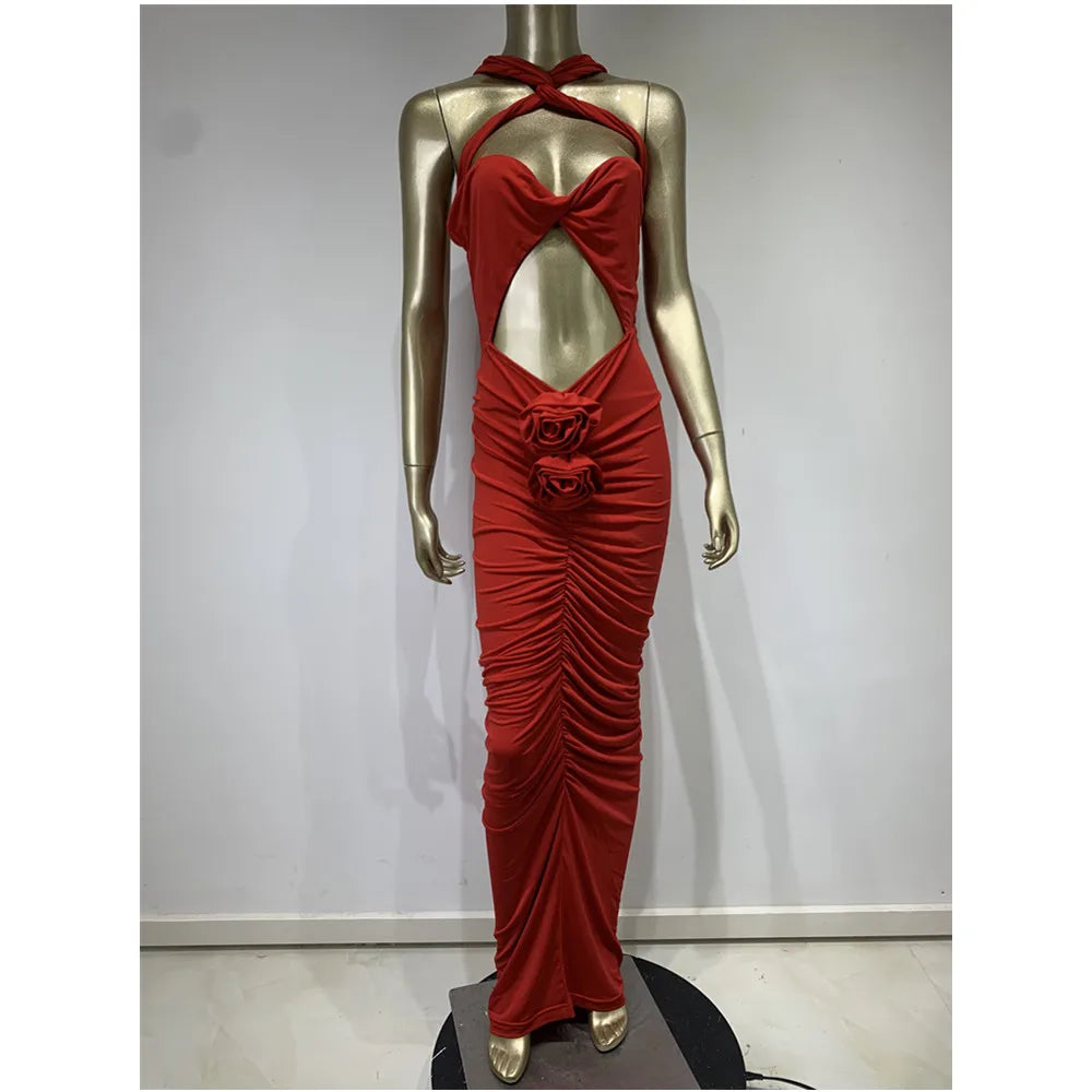 Women Red Party Dress Runway Fashion Crisscross Neck Cut Out Aplliques Pleated Maxi Long Celebrity Evening Birthday Prom Gowns