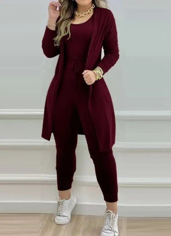 Maxy Womens Two Piece Sets Outfit Sleeveless Jumpsuit & Pocket Design Longline Coat 2023 Autumn Winter Spring New Fashion Casual