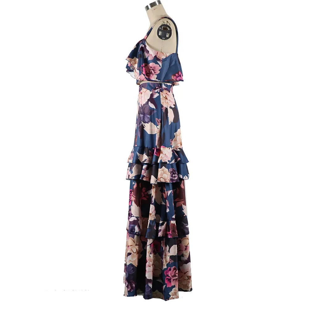 Maxy sleeveless crop top + maxy skirt women two pieces suit dresses vintage floral print ruffles summer set robe