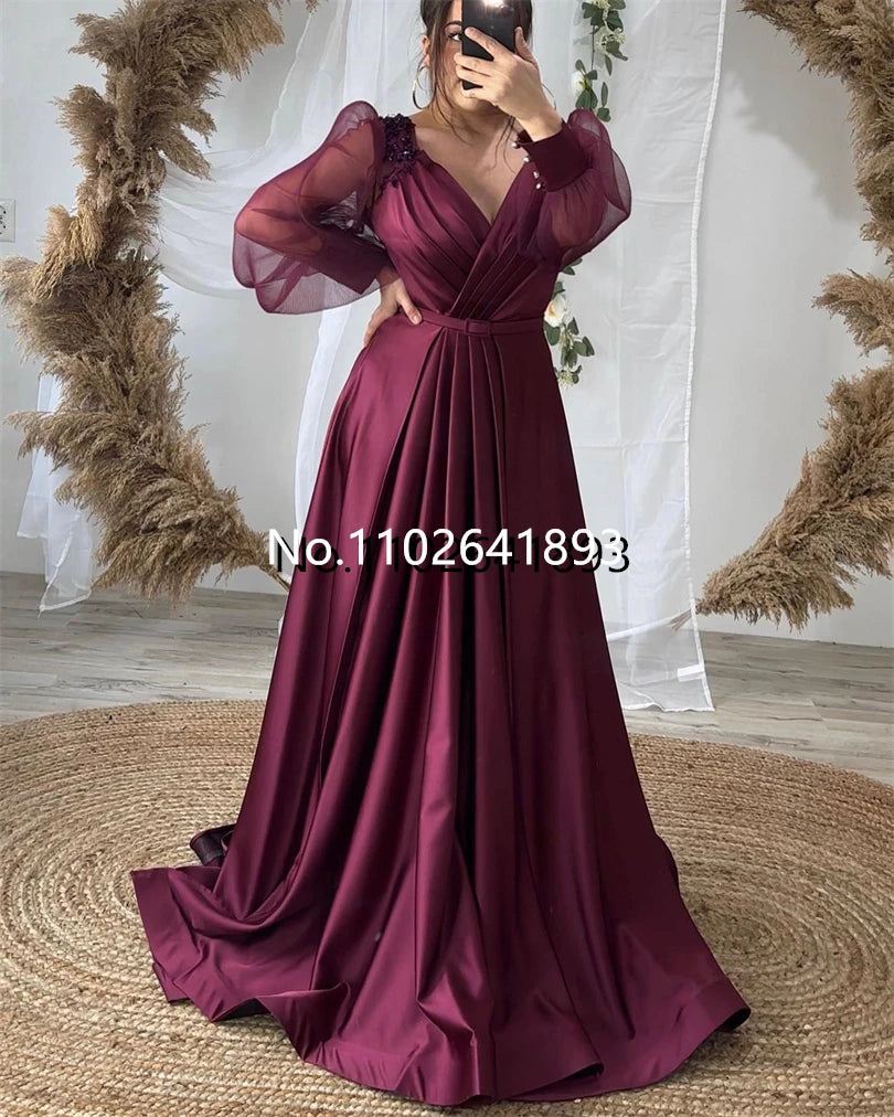 Amay Nersesyan Vintage Green A Line Satin Formal Evening Dress V Neck Puff Full Sleeves Tulle Prom Gowns Appliques Pleats Party Gown