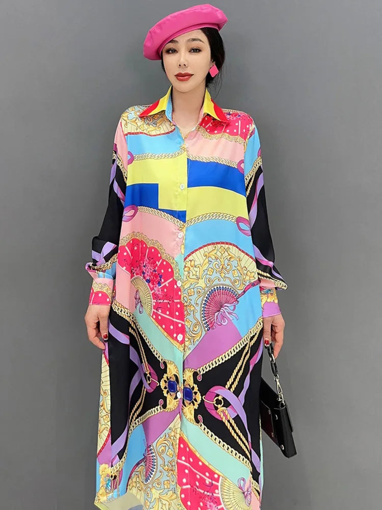 Maxy Fashion Shirt Dress for Women Korean Printed Colorful Pattern Stitching Loose Summer Clothes 5R1504