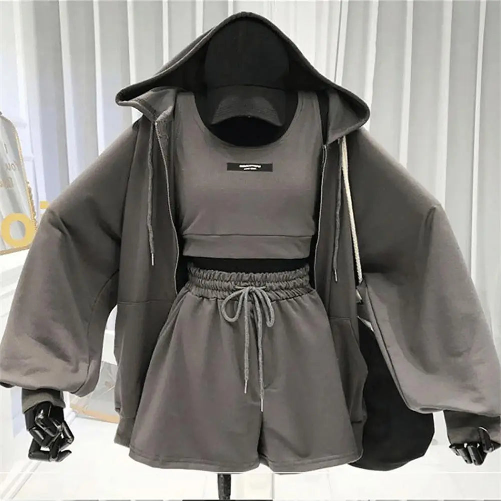 Maxy 1 Set Women Sportswear Long Sleeve   Women Coat Three Pieces Drawstring Shorts Vest Thin Coat Set