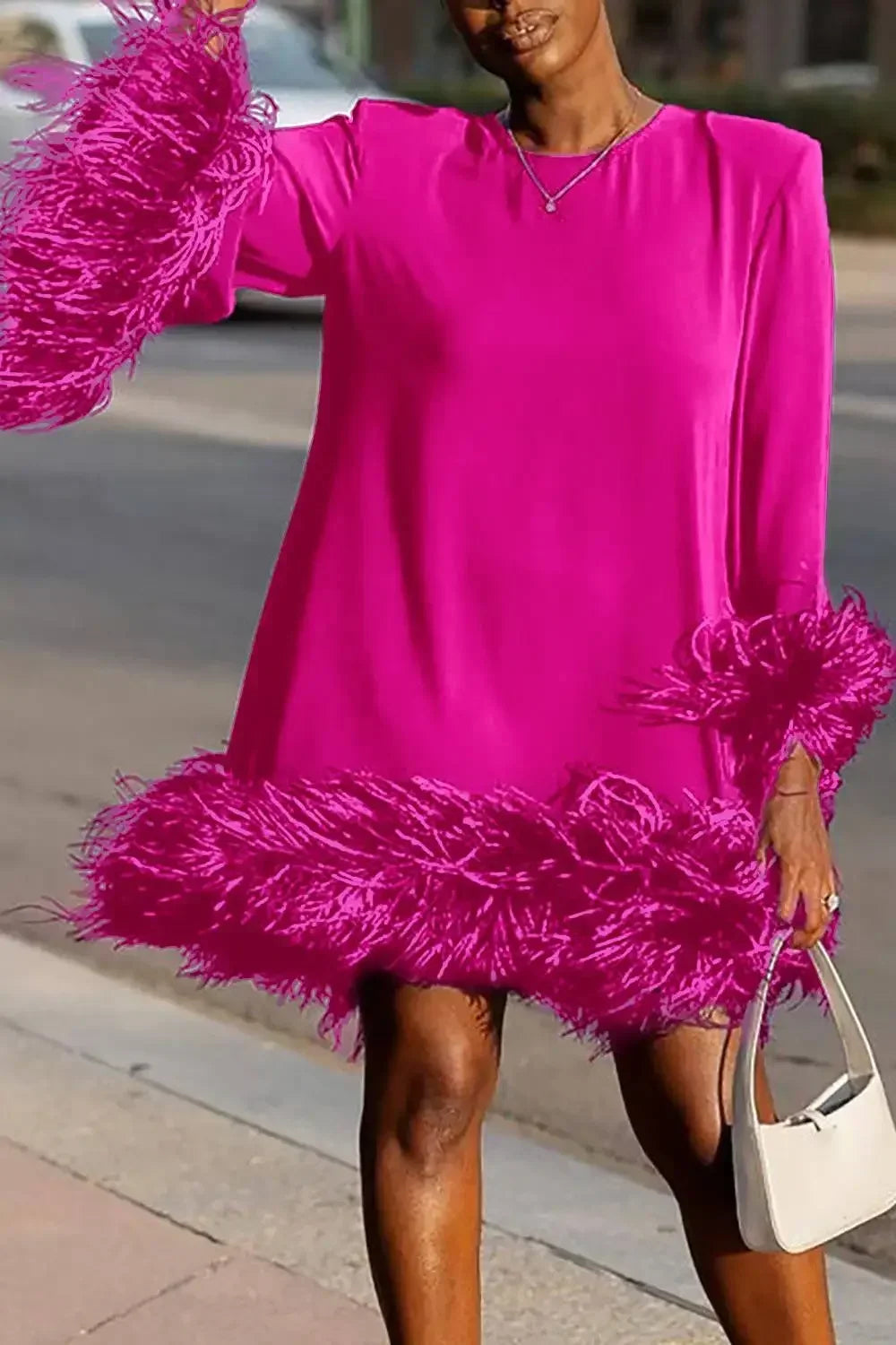 Amay Plus Size Flare Sleeve Femme Pullover Dress Sexy Patchwork Feather Women Evening Dress Fall Elegant O-neck A-Line Mini Dress