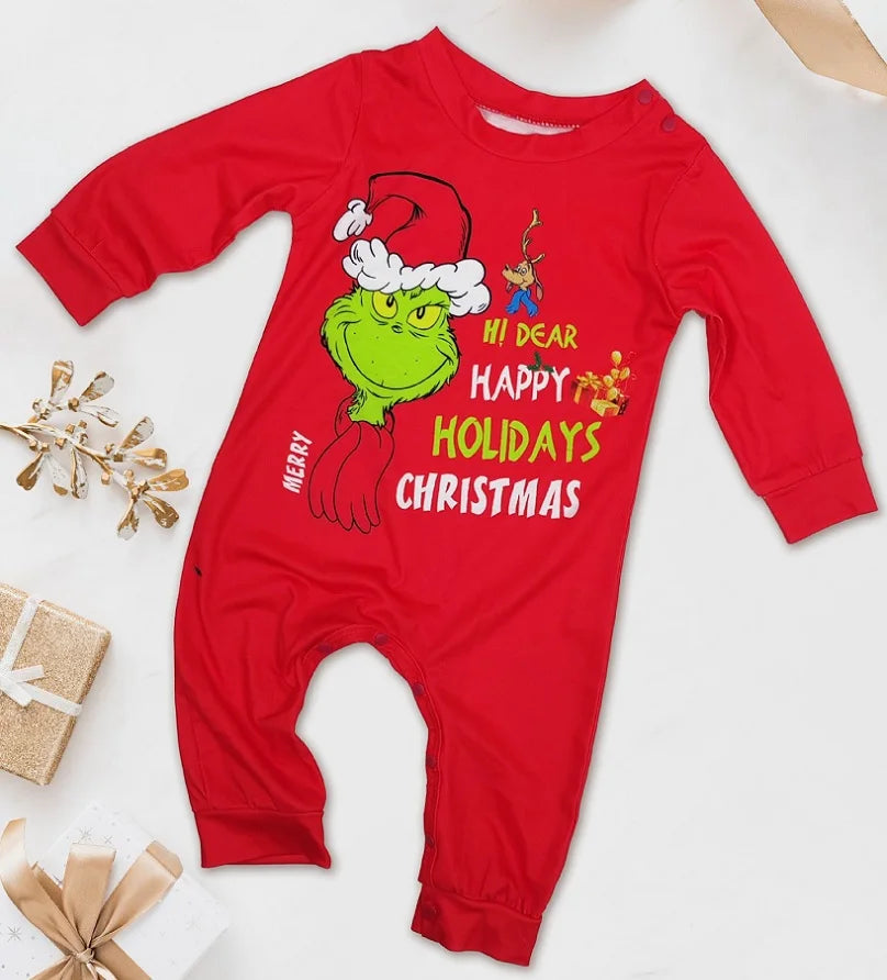 Maxy Xmas Family Matching Pajamas GREENCH Happy Holiday Letter Print Adult Kid Baby Family Matching Outfit Christmas Family Pj's